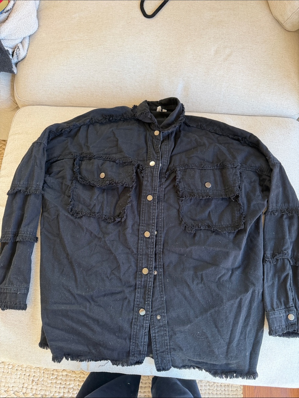 Elan Black Frayed Button-Front Shirt Jacket